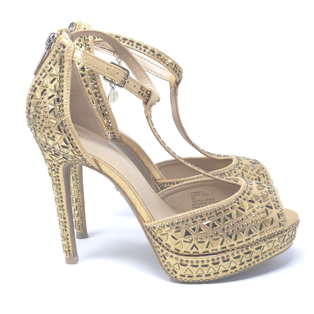 Thalia Sodi Chacey Gold Embellished T-Strap Platform Sandals Women’s 7W - Picture 3 of 12